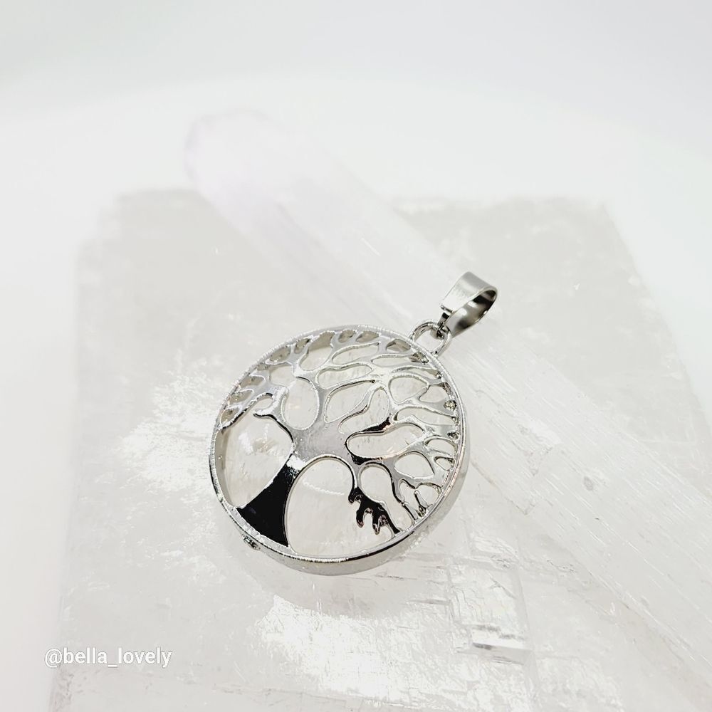 Clear Quartz Crystal Yogi Tree of Life Silver Toned Handmade Pendant 1.5"